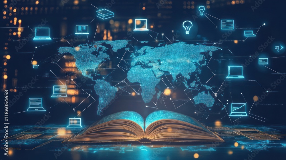 Poster open book with global network, digital learning concept.