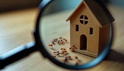 Magnifying glass shows tiny termites near miniature house. Close-up view highlights pest infestation risk. Inspection insect activity around miniature wooden structure. Wood damage, termite colony