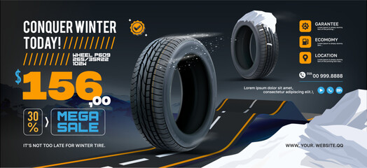 Tire shop vector banner of car wheel tyres with tread track price offer. Tire shop, spare parts and auto service discount promotion design. Editable graphic layout. Winter sale.