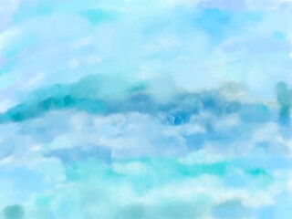海と山と空の水彩風手書き背景イラスト