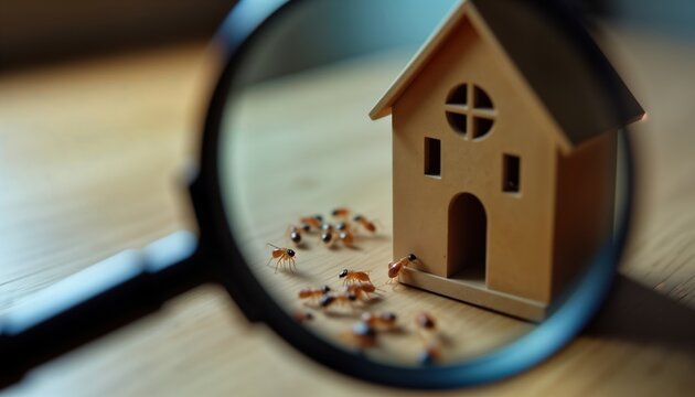 Magnifying glass shows tiny termites near miniature house. Close-up view highlights pest infestation risk. Inspection insect activity around miniature wooden structure. Wood damage, termite colony