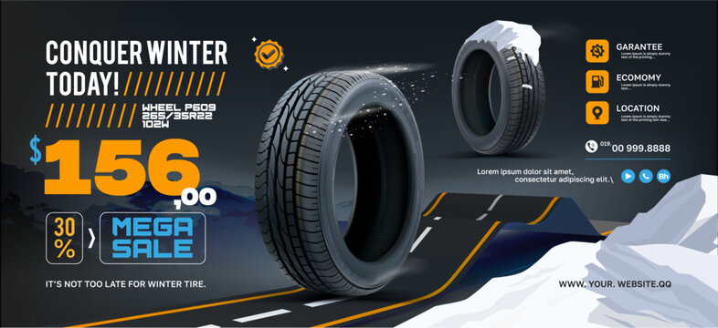 Tire shop vector banner of car wheel tyres with tread track price offer. Tire shop, spare parts and auto service discount promotion design. Editable graphic layout. Winter sale.