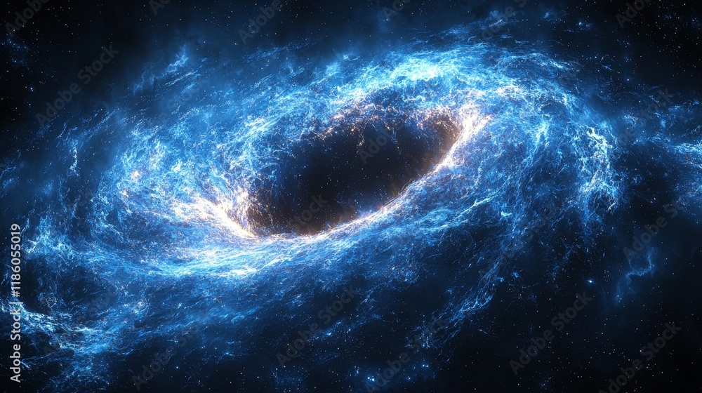 Poster blue motion graphics featuring a colored spiral and spheres, an abstract color wormhole tunnel, and 