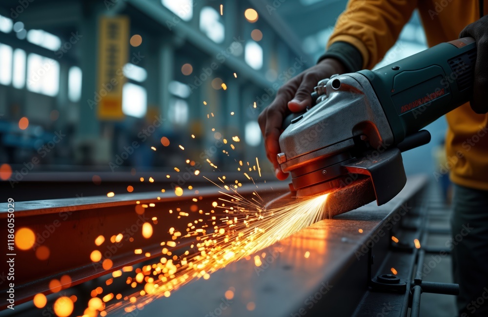 Poster worker grinds steel structure in factory. sparks fly from electric grinder tool. industrial setting 