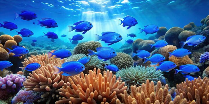 School of bright blue damselfish swimming together amidst vibrant coral formations and sea anemones in the crystal-clear waters of a tropical reef, reef life, colorful fish