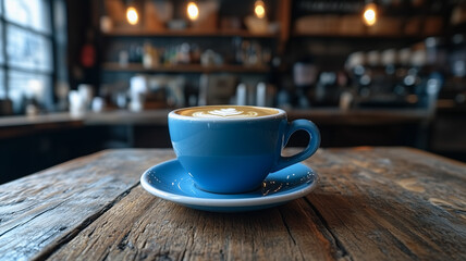 Fototapeta premium Blue Coffee Cup on Rustic Table: A close-up of a steaming cappuccino in a blue ceramic mug, resting on a rustic wooden table in a cozy cafe setting, capturing the essence of a morning pick-me-up. 