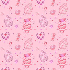 Pink Dessert Pattern with Cakes and Hearts