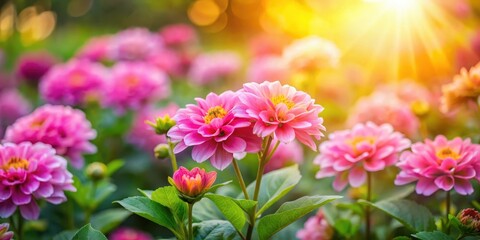 Obraz premium Colorful pink flowers blooming in a lush garden with soft sunlight filtering through the petals and leaves , foliage, sunlight