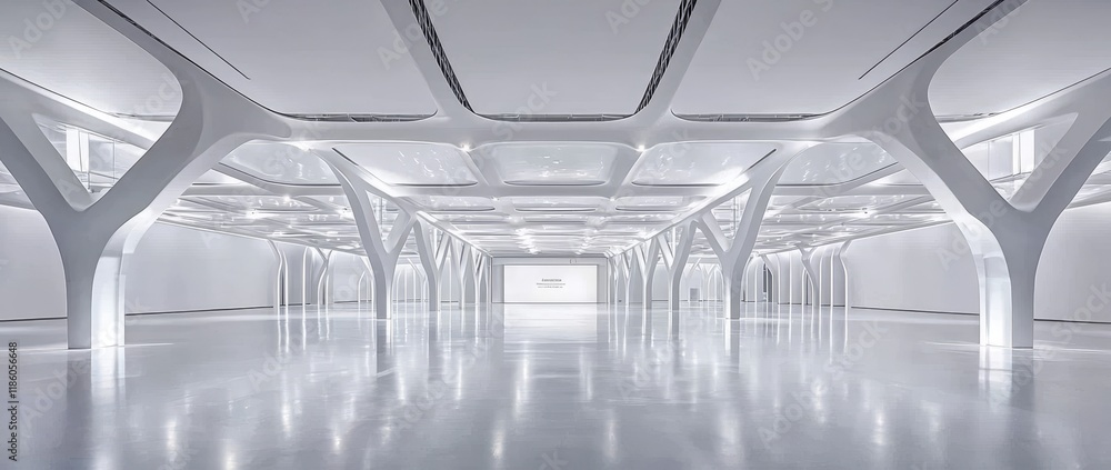Poster modern white background adorned with an empty, long light corridor and a futuristic sci-fi triangle 