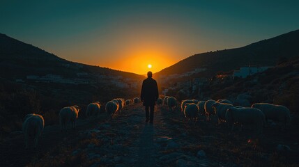 Obraz premium Silhouette of man walking with sheep at sunset in mountainous landscape. Jesus Lost Sheep, Good Shepherd Parable, Biblical Story, Lost and Found Sheep - Christian Religious Narrative