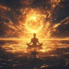 Cosmic Meditation: Silhouette in Golden Celestial Sea.