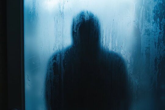 Mysterious shadowy figure behind frosted glass urban setting suspenseful scene dim lighting concept of threat and intrigue