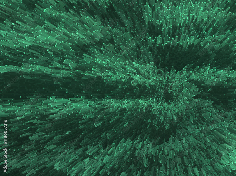Poster dynamic abstract background with extruded pixelated blocks in vibrant emerald green. perfect for tec