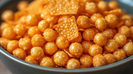Crunchy Snack Mix of Puffed Cheese Balls and Tortilla Chips in a Dark Bowl, Perfect for Parties, Gatherings, or Movie Nights with Friends and Family