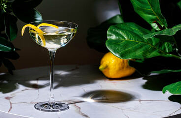 Dukes martini alcoholic cocktail drink with gin, dry vermouth and lemon peel. Marble table in lounge bar with green plants