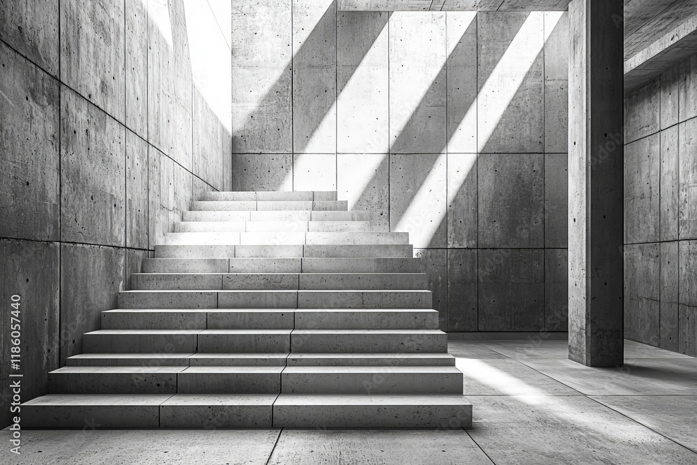 Poster a 3d rendering showcasing a modern staircase within a concrete space