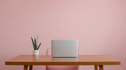Laptop sitting on a minimalist wooden desk in a pink office