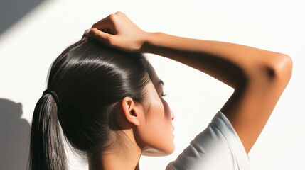 Fototapeta premium A Close up of a Woman With Her Hair in a Ponytail - Generative AI