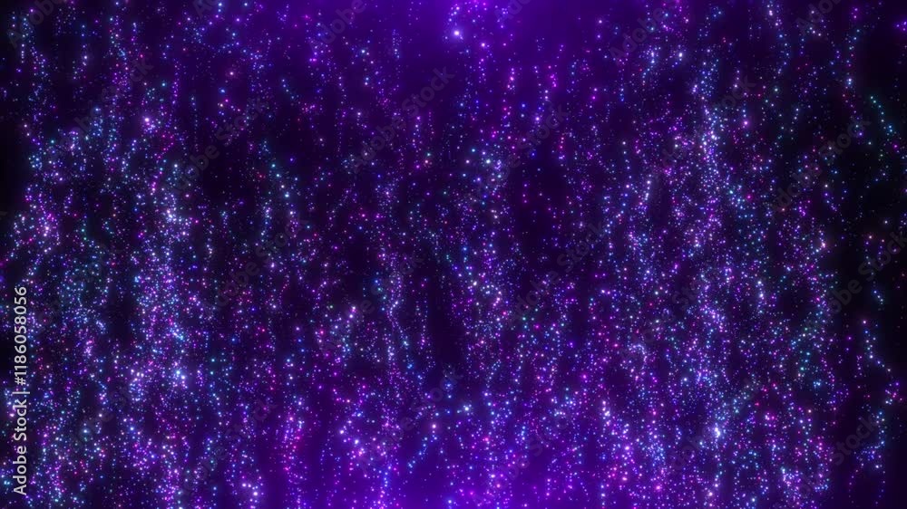 Poster abstract background of colorful glitter particles flying upward with wave energy. seamless loop 4k v