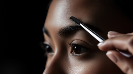 Obraz premium A Close up of a Woman With a Brush on Her Eyebrow - Generative AI