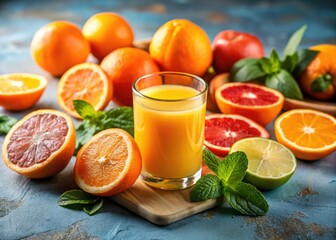 Sunlit oranges, freshly squeezed juice.  Healthy, vibrant, minimalist.