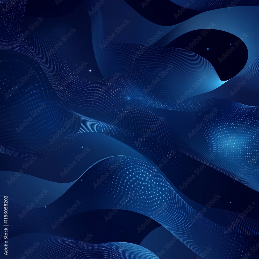 Poster fluid abstract design in deep blue tones with flowing waves and soft light effects