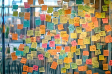 A brainstorming session with sticky notes covering a glass wall