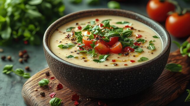 Creamy Dovga Soup Served in a Bowl Topped with Fresh Vegetables and Spices on a Rustic Wooden Board