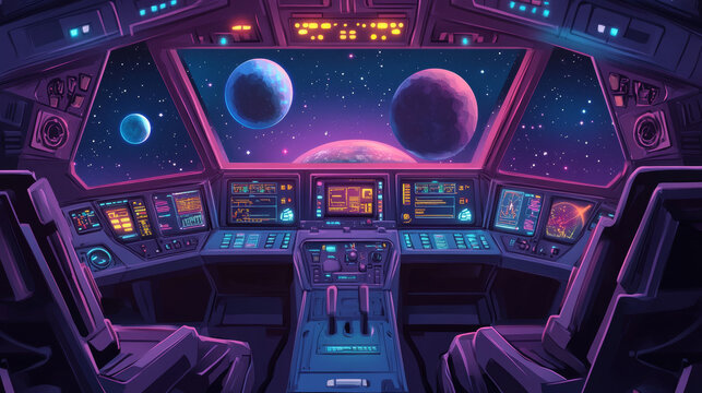 Spaceship cockpit interior. Vector cartoon illustration of space shuttle cabin flight in night sky, pilot seats, computer dashboard with buttons and displays, planet and stars seen through windshield