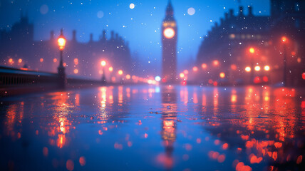London's Enchanting Night: A mesmerizing cityscape of London, England, illuminated by streetlights and rain, with Big Ben standing tall against the foggy sky.