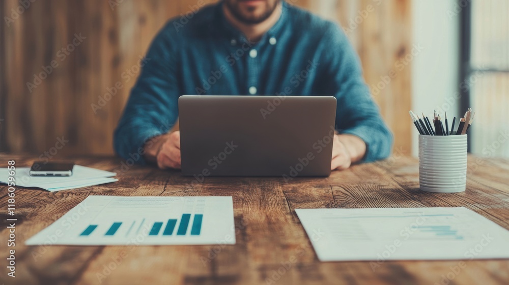 Poster businessman working with laptop and analyzing data in office