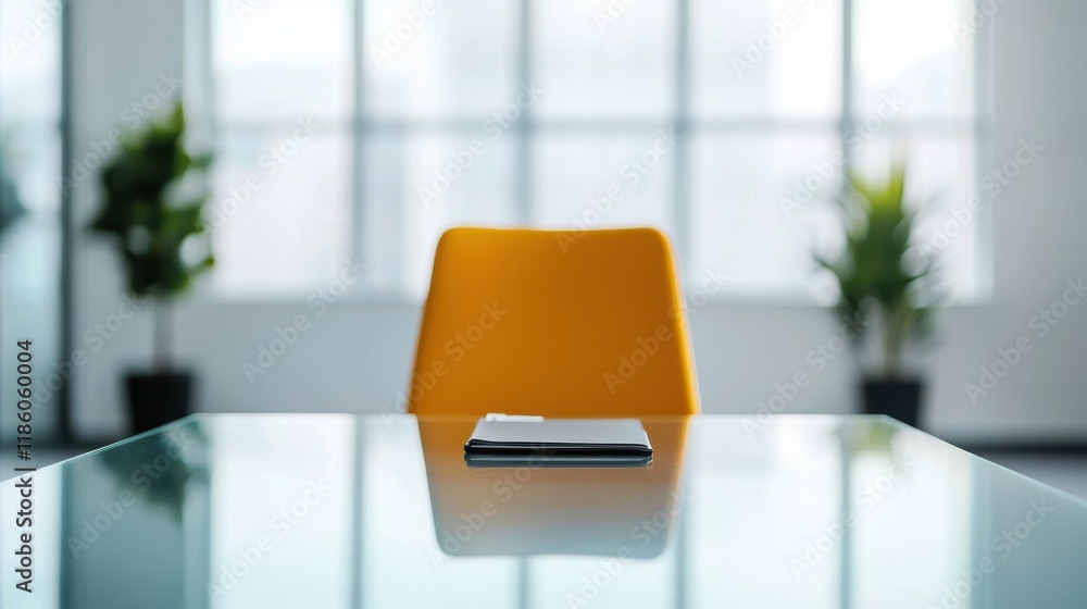 Poster Notebook and smartphone lying on modern glass table in open space office