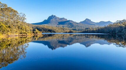Obraz premium Serene Mountain Lake Reflection in Tasmania's Cradle Mountain-Lake St Clair National Park
