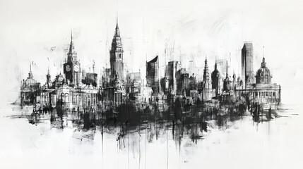 Naklejka premium black and white building house, landscape, travel, sketch, wallpaper, town, famous, landmark, drawing, white, skyline, tourism, elements, creative, technology, engineering, real estate, shape, backgro