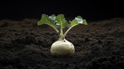 Fresh Turnip with Leaves Emerging from Dark Soil in Natural Light