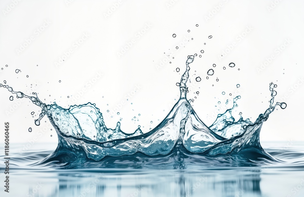 Poster water splash isolated on white background. dynamic liquid movement. close-up view of water droplets,