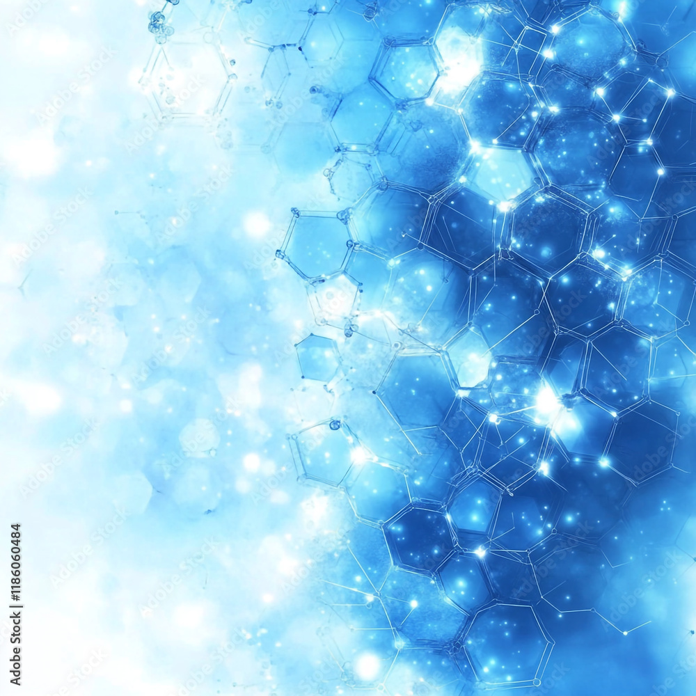 Aufkleber abstract blue and white background with hexagonal shapes and glowing particles