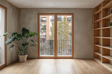 Modern Minimalist Interior with Large Windows and Indoor Plant