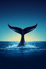 Fototapeta premium A whale's tail emerges from the ocean, creating splashes against a serene sunset backdrop.