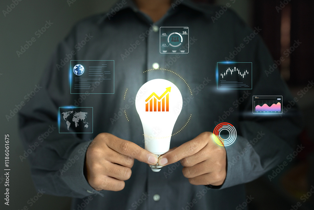 Poster a man holds a light bulb with a graph on it. the graph shows a positive trend in business.