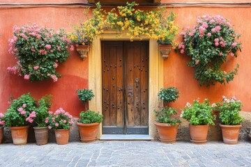 Charming Entrance with Colorful Flowers and Rustic Wooden Door