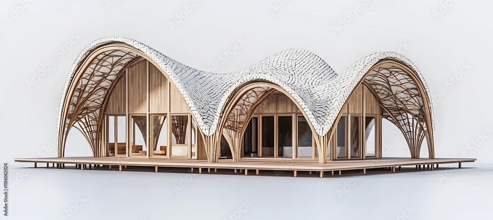 Poster a 3d illustration of abstract architecture with a pencil graphic highlighting curved building elemen