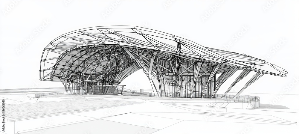 Poster an abstract architectural background featuring a pencil-drawn graphic of curved building elements in