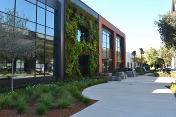 Naklejka premium Modern Eco-Friendly Building with Vertical Garden and Pathway