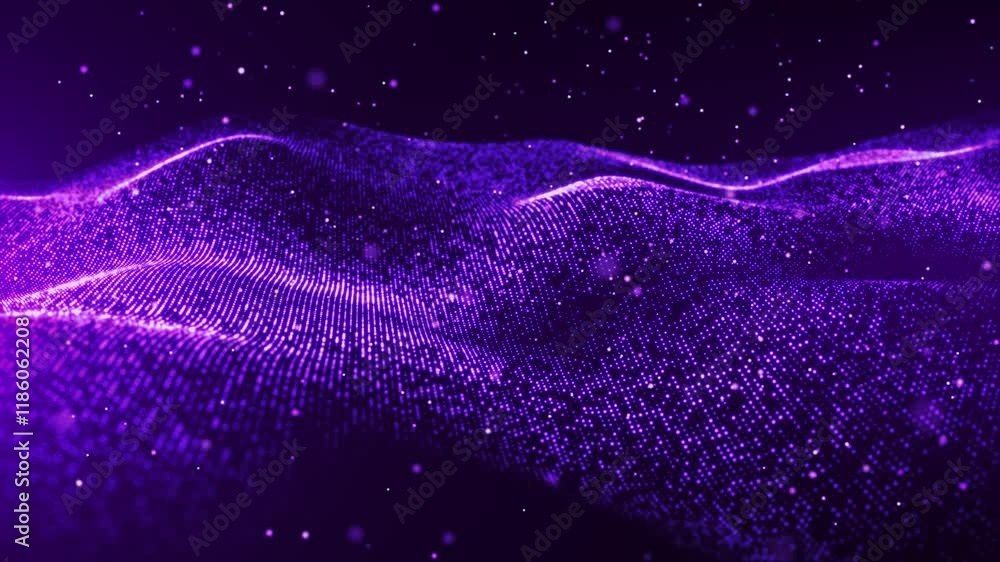 Poster abstract digital dynamic waves of purple glitter particles with light motion lights background, data