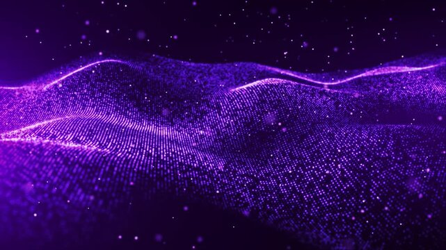 Abstract digital dynamic waves of purple glitter particles with light motion lights background, data flow, cyber technology. 3D rendering. Seamless looping 4k video. Screensaver video animation - Powered by Adobe