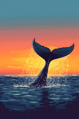 Fototapeta premium A whale's tail breaches the ocean surface at sunset, creating a serene and beautiful scene.