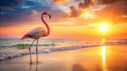 Fototapeta premium A pink flamingo stands alone on a sandy beach at sunset with the sun sinking into the horizon behind it, pink avian, flamingos in sun