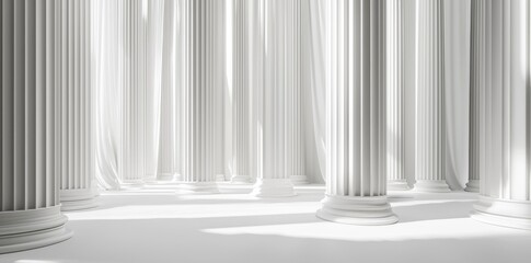 The architecture space is characterized by a harmonious arrangement of white elements, illuminated by the sun, which projects shadows onto the surfaces