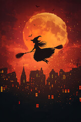 A silhouetted witch flying over a city against a large orange moon, creating a mystical atmosphere.